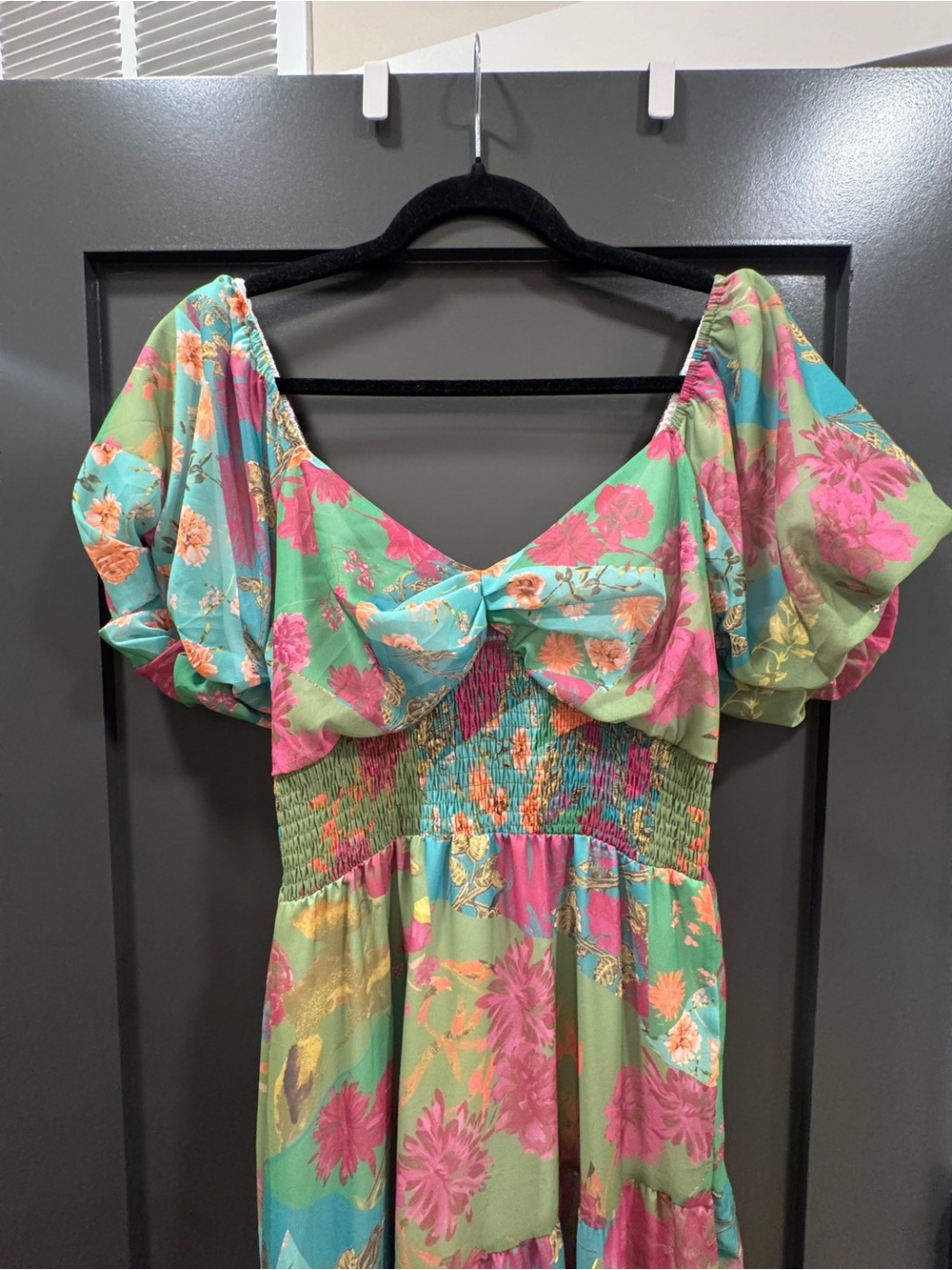 Floral Puff Sleeve Tiered Maxi Dress - Green & Pink - Picture 2 of 4